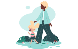 Image displaying a digital drawing of a woman with a child walking on grass.