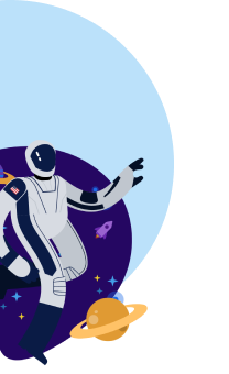 Image displaying a digital drawing of a spaceman in space surrounded by stars and planets.